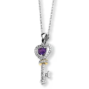 0.2 Carat Sterling Silver & 14K Gold Amethyst and Diamond Key Necklace 17 Inches