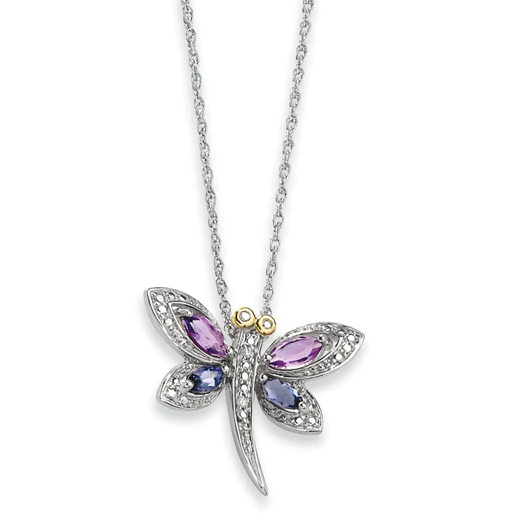 0.7 Carat Sterling Silver & 14K Gold Amethyst and Iolite and Diamond Dragonfly Necklace 17 Inches