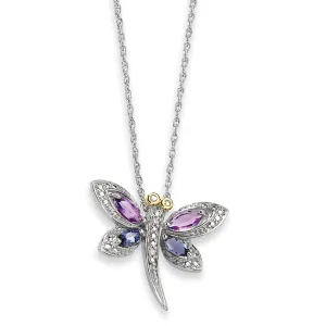 0.7 Carat Sterling Silver & 14K Gold Amethyst and Iolite and Diamond Dragonfly Necklace 17 Inches