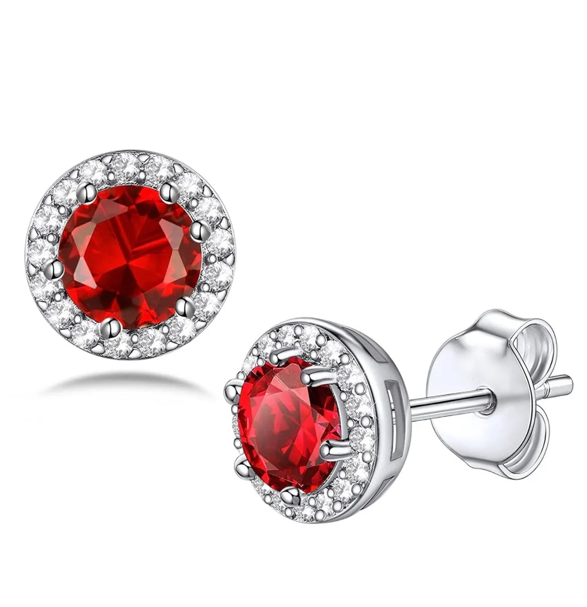 14K White Gold Flashed Birthstone Gemstone CZ Halo Studs Earrings by Donatello Gian
