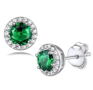 14K White Gold Flashed Birthstone Gemstone CZ Halo Studs Earrings by Donatello Gian