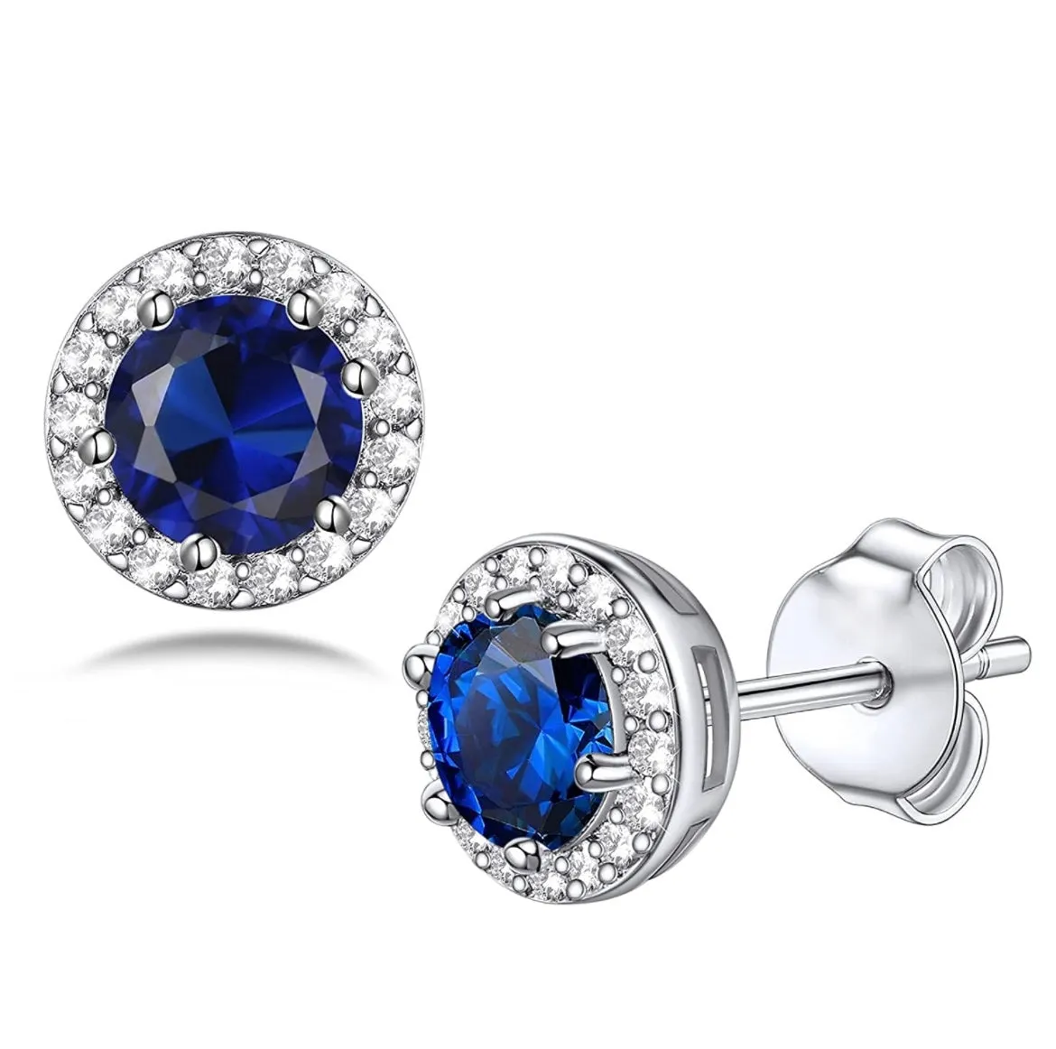 14K White Gold Flashed Birthstone Gemstone CZ Halo Studs Earrings by Donatello Gian