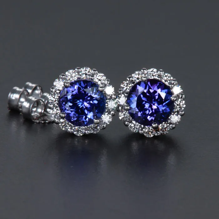 14K White Gold Round Tanzanite Diamond Halo Stud Earrings 1.94 Carats
