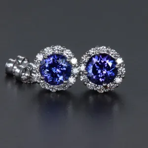 14K White Gold Round Tanzanite Diamond Halo Stud Earrings 1.94 Carats