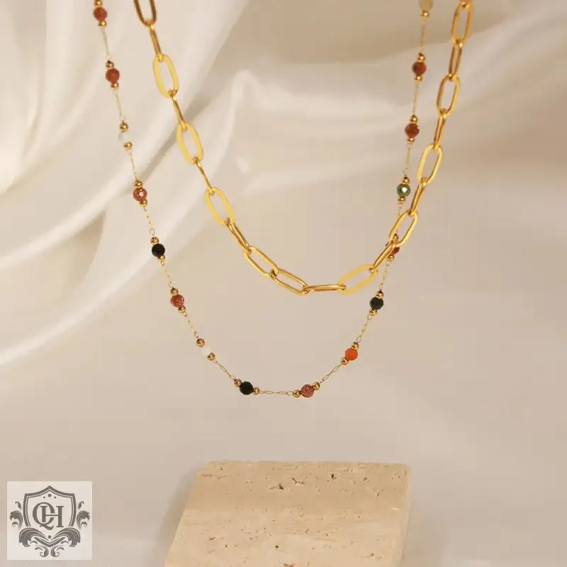 18K Gold Gemstone Stacked Necklace