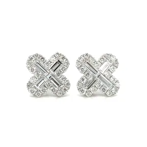 18k White Gold Diamond Clover Stud Earrings