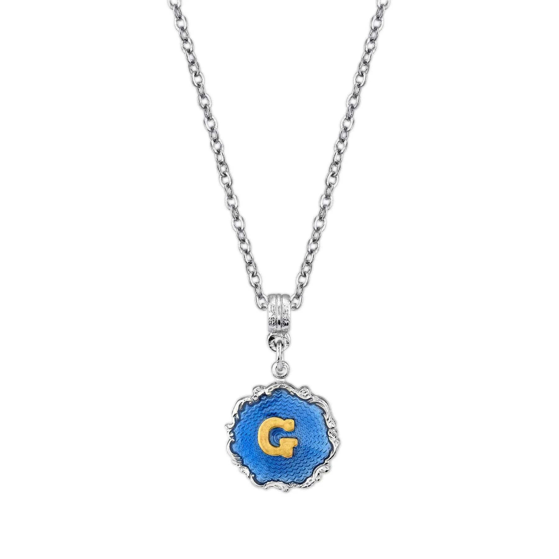 1928 Jewelry Sunburst Blue Enamel Initial Necklace 16"   3" Extender