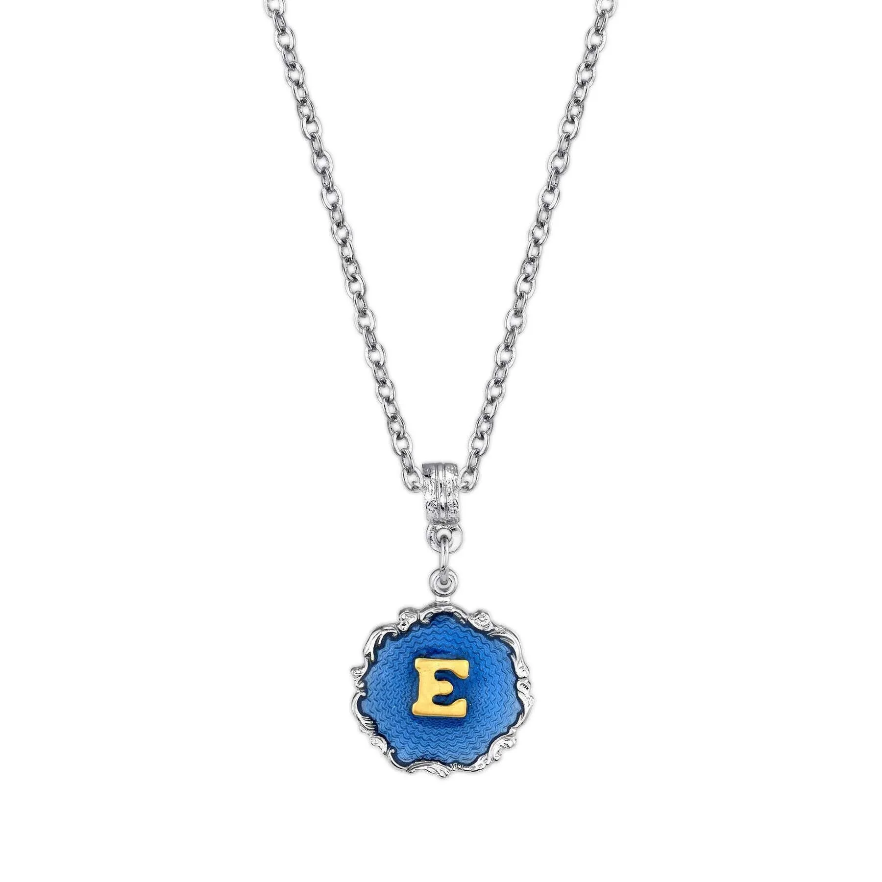 1928 Jewelry Sunburst Blue Enamel Initial Necklace 16"   3" Extender