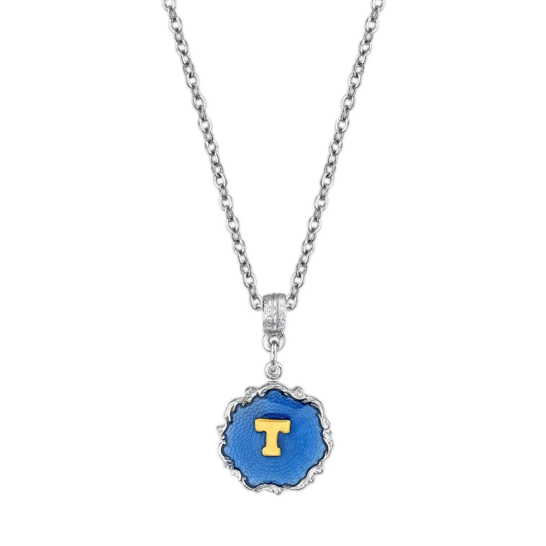1928 Jewelry Sunburst Blue Enamel Initial Necklace 16"   3" Extender