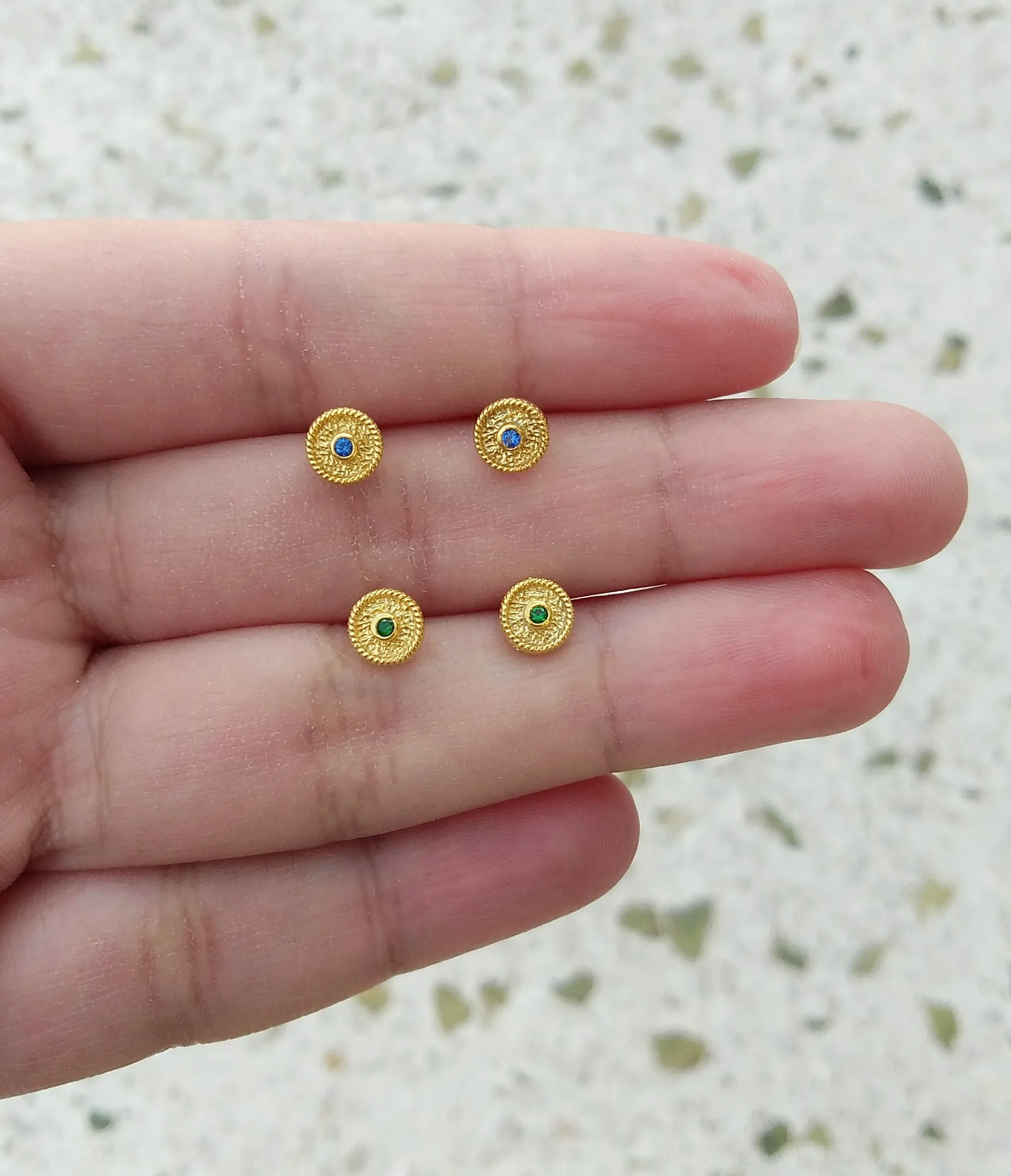 22k Gold Plated Silver Stud Earrings, Byzantine Earrings With Stones