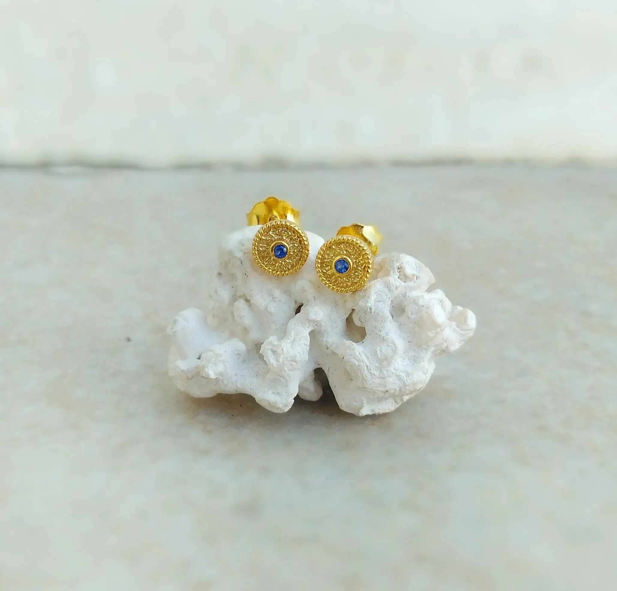 22k Gold Plated Silver Stud Earrings, Byzantine Earrings With Stones