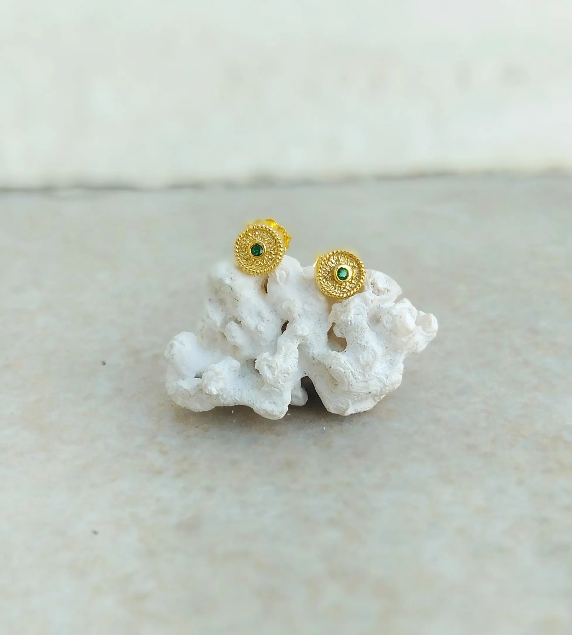 22k Gold Plated Silver Stud Earrings, Byzantine Earrings With Stones