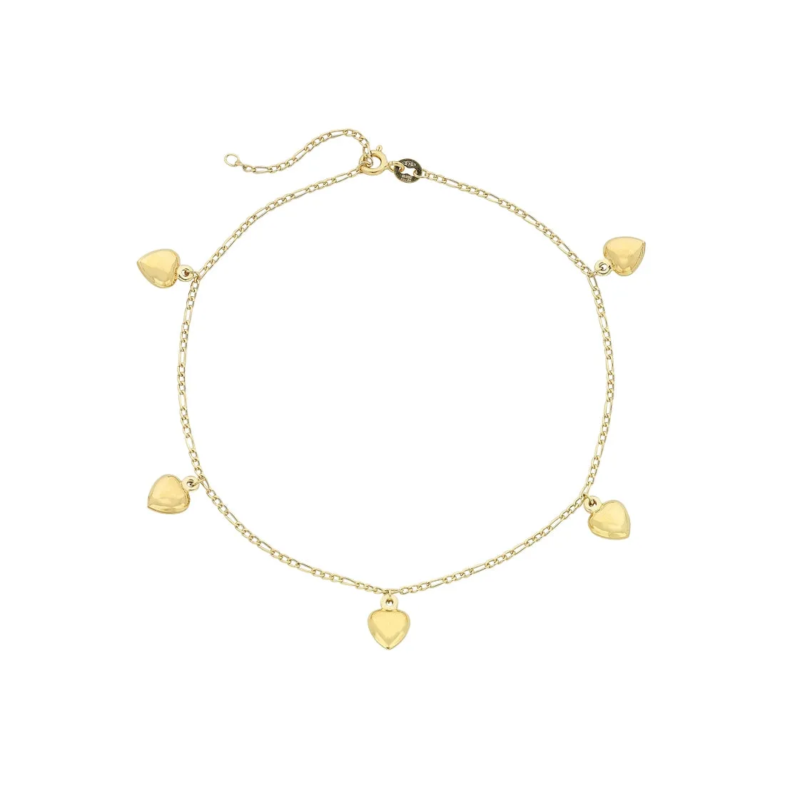 9ct Yellow Gold Silver Infused 5 Puff Heart Anklet