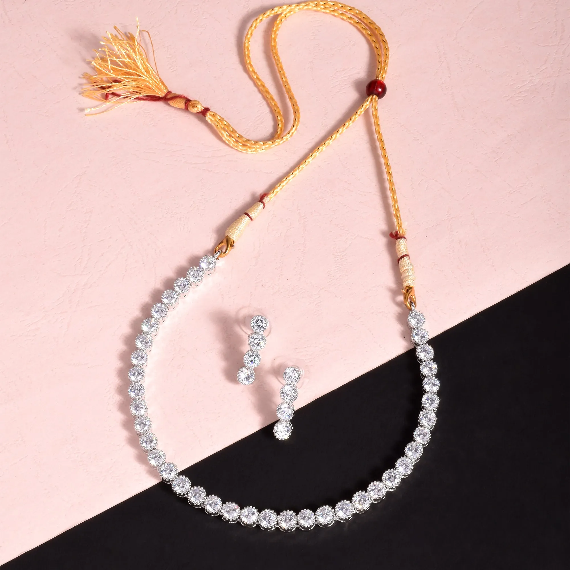 American Diamond Ethnic Silver Choker Necklace Set