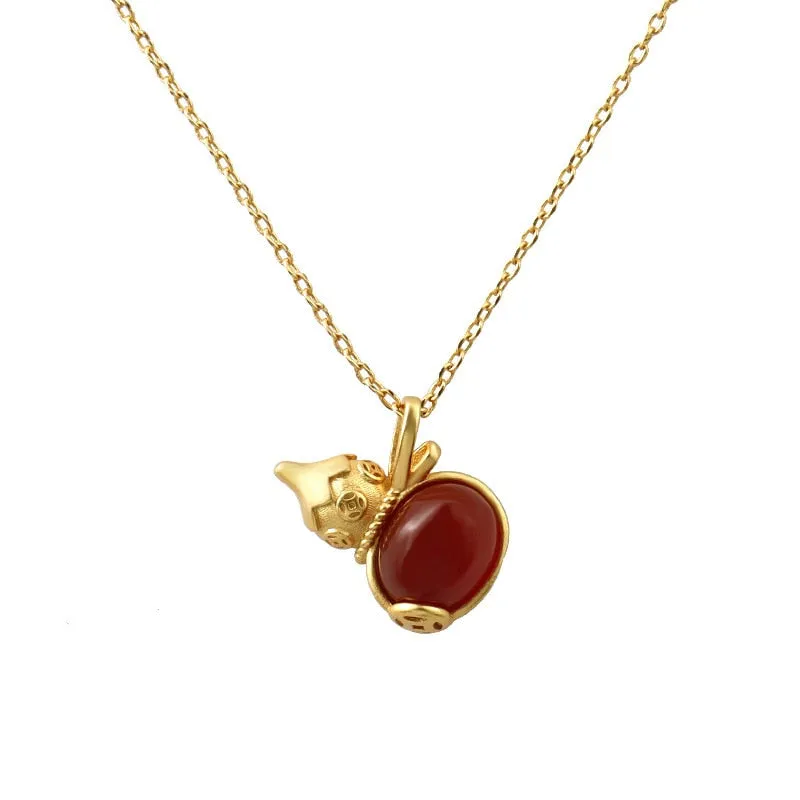 Ancient gold craft creative small gourd pendant Chinese classic inlaid natural red chalcedony necklace
