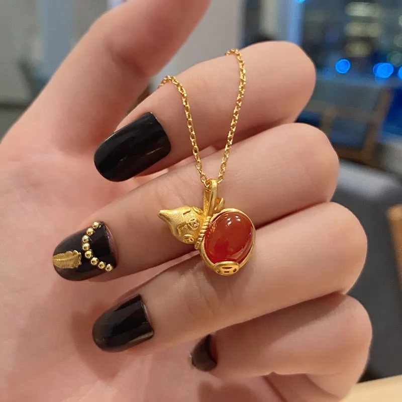 Ancient gold craft creative small gourd pendant Chinese classic inlaid natural red chalcedony necklace