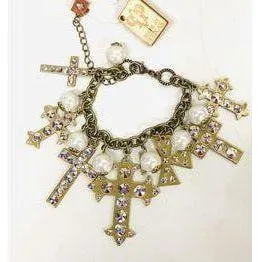 Antique Bronze and AB Crystal Multi-Cross Bracelet