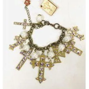 Antique Bronze and AB Crystal Multi-Cross Bracelet