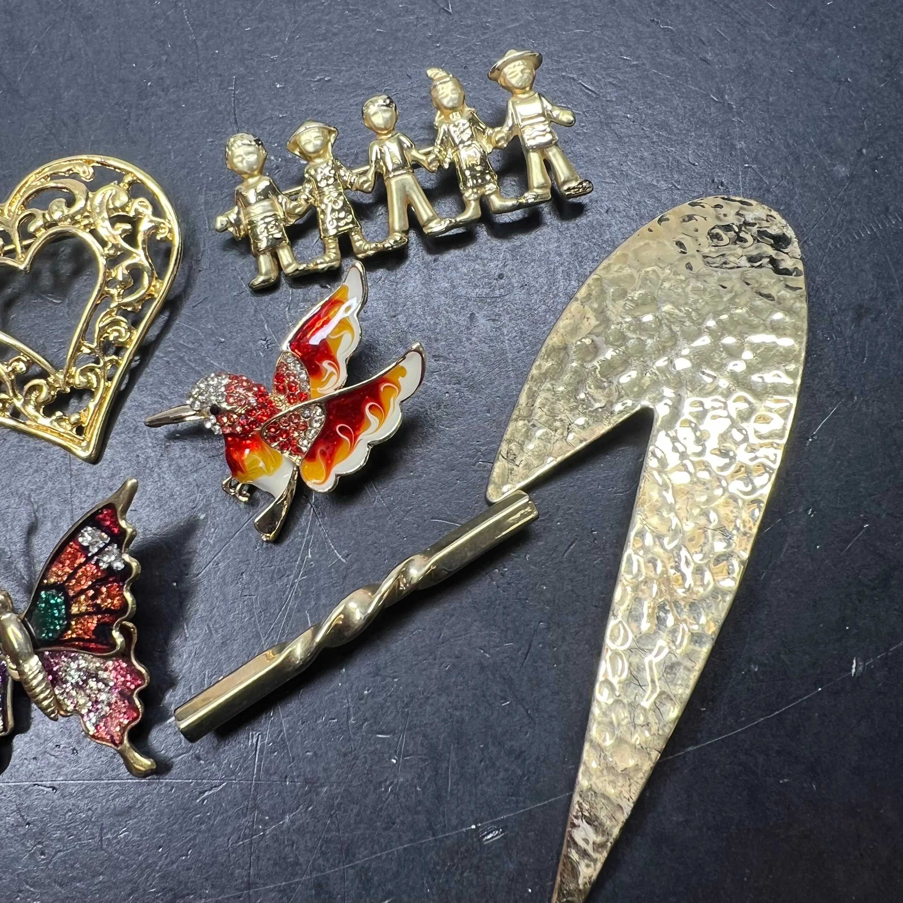 Assorted Lot of Gold Tone Brooches Butterfly Hummingbird Heart Brooches