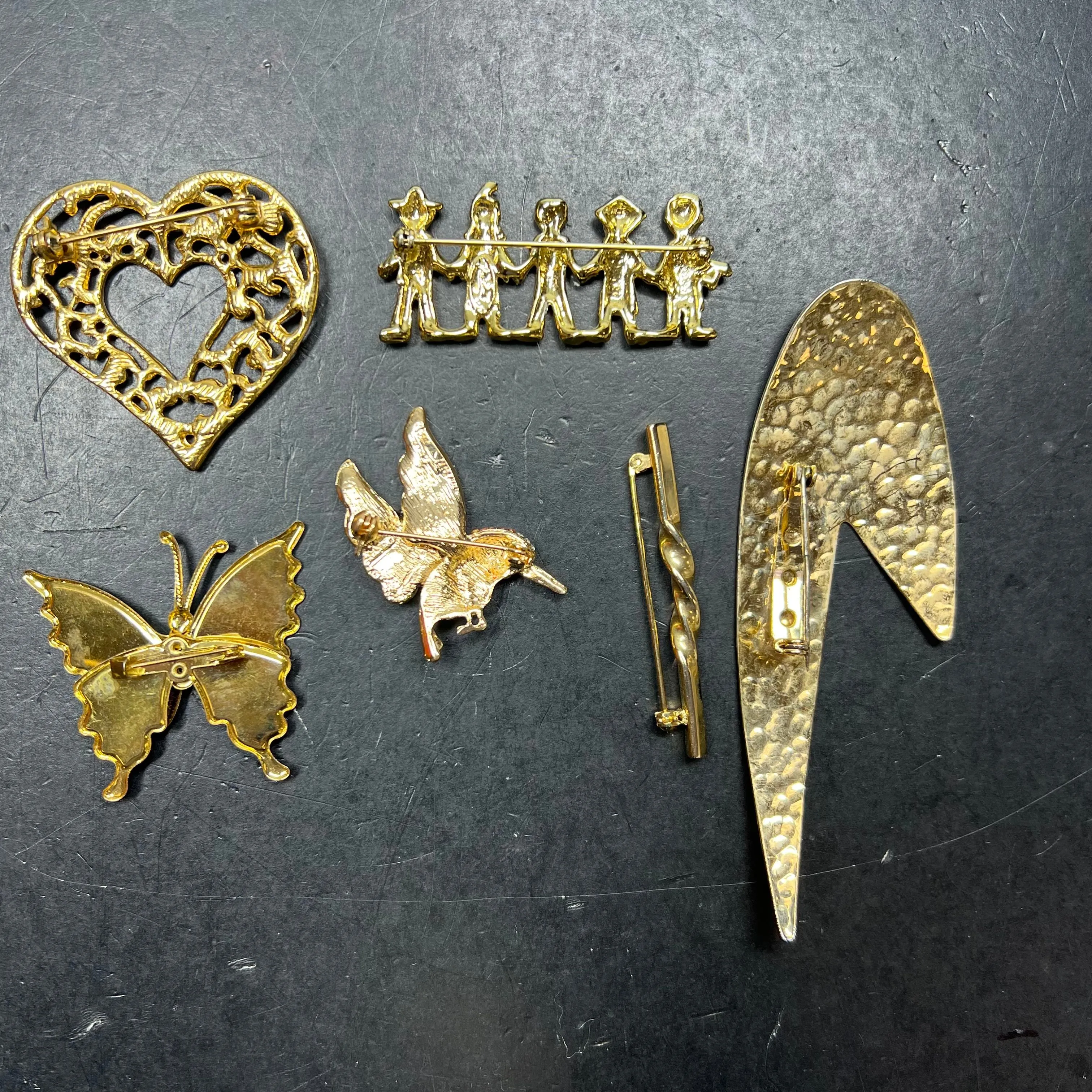 Assorted Lot of Gold Tone Brooches Butterfly Hummingbird Heart Brooches