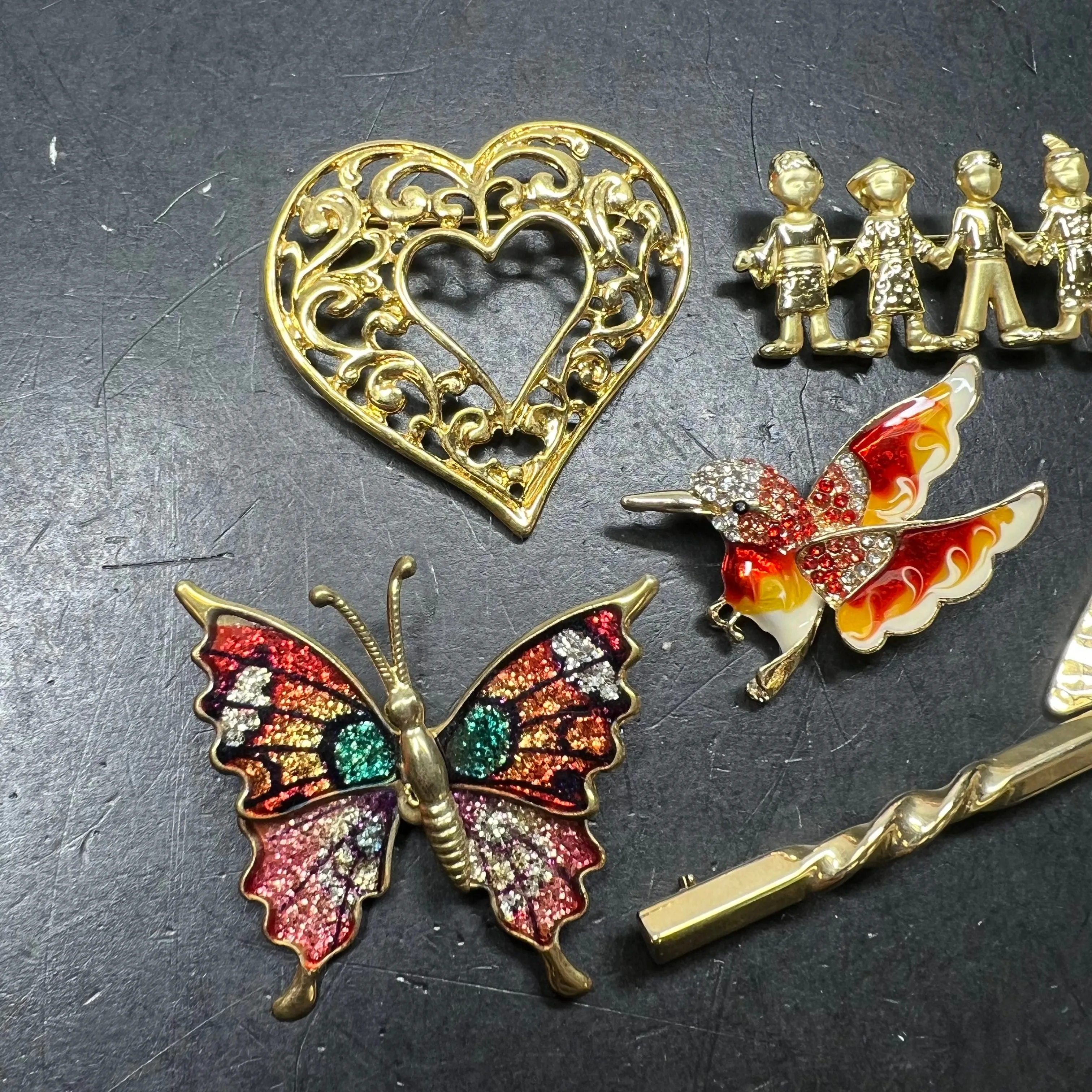 Assorted Lot of Gold Tone Brooches Butterfly Hummingbird Heart Brooches