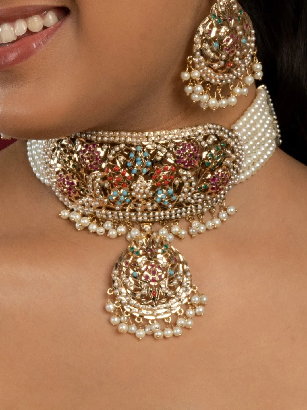Bridal Navratan Jadau Neckhugging Choker Set (Choker With Earrings Set)