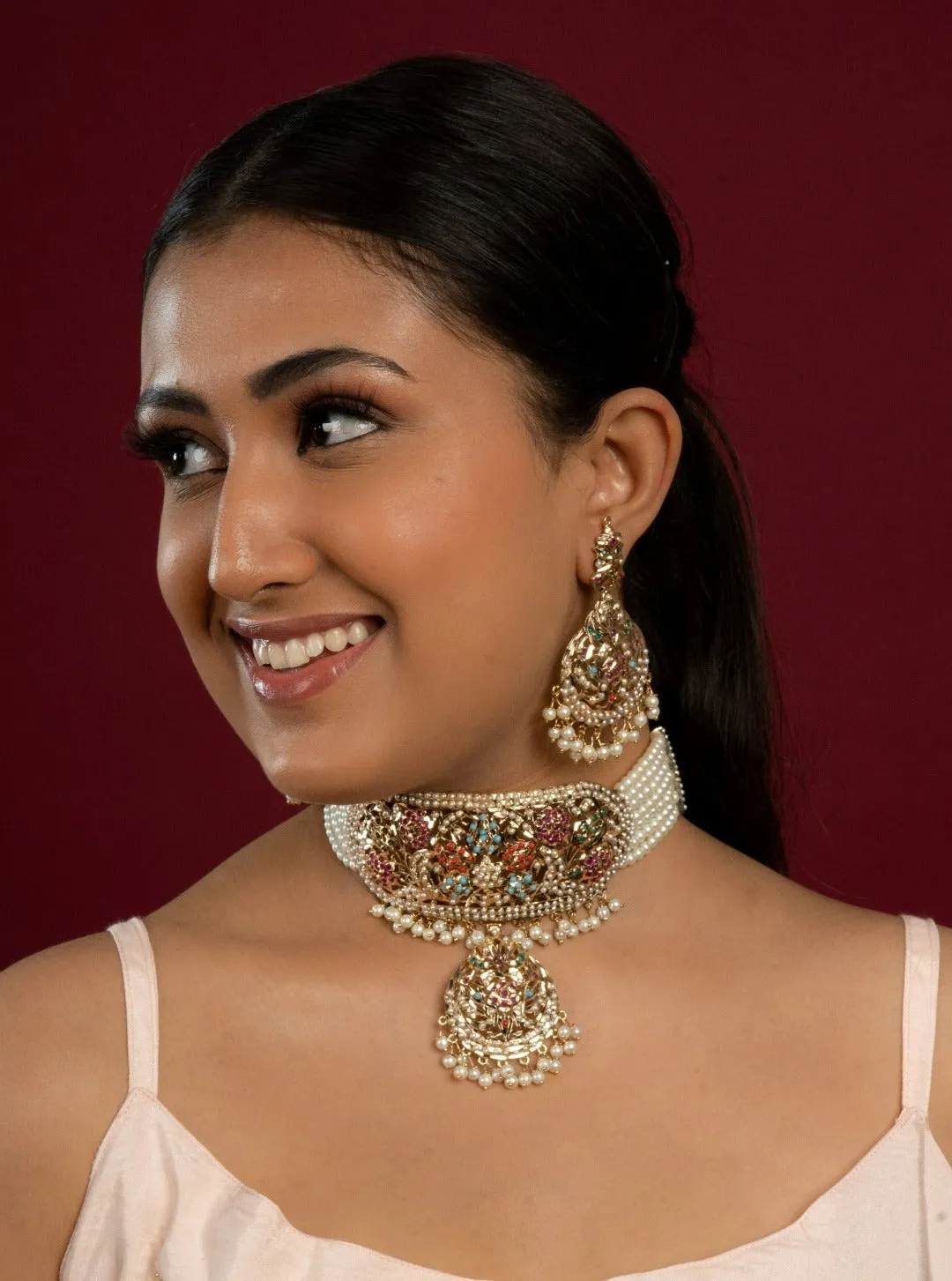 Bridal Navratan Jadau Neckhugging Choker Set (Choker With Earrings Set)