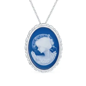 Classic Vintage Blue White Victorian Lady Cameo Pendant Necklace in Sterling Silver