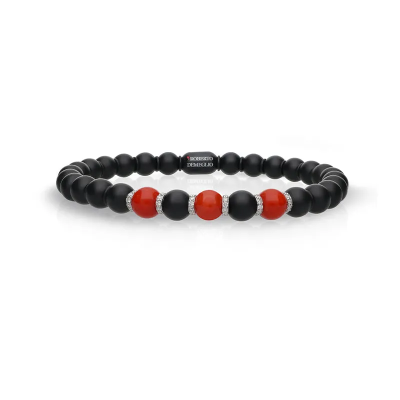 DEMEGLIO 'SFERA' 18CT WHITE GOLD CORAL SPHERES AND DIAMONDS BLACK STRETCH BRACELET