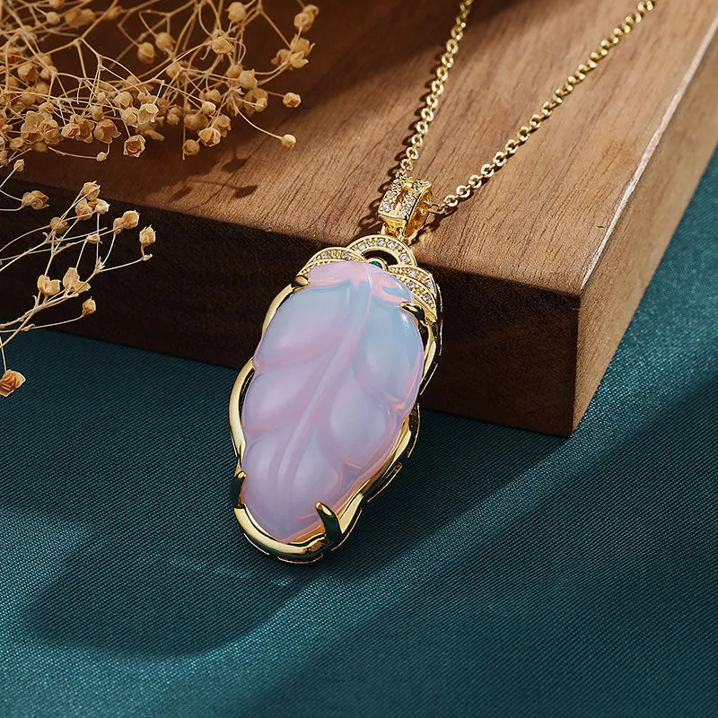 Designer Original Natural Iced Chalcedony Leaf Pendant Exquisite Luxury Necklace