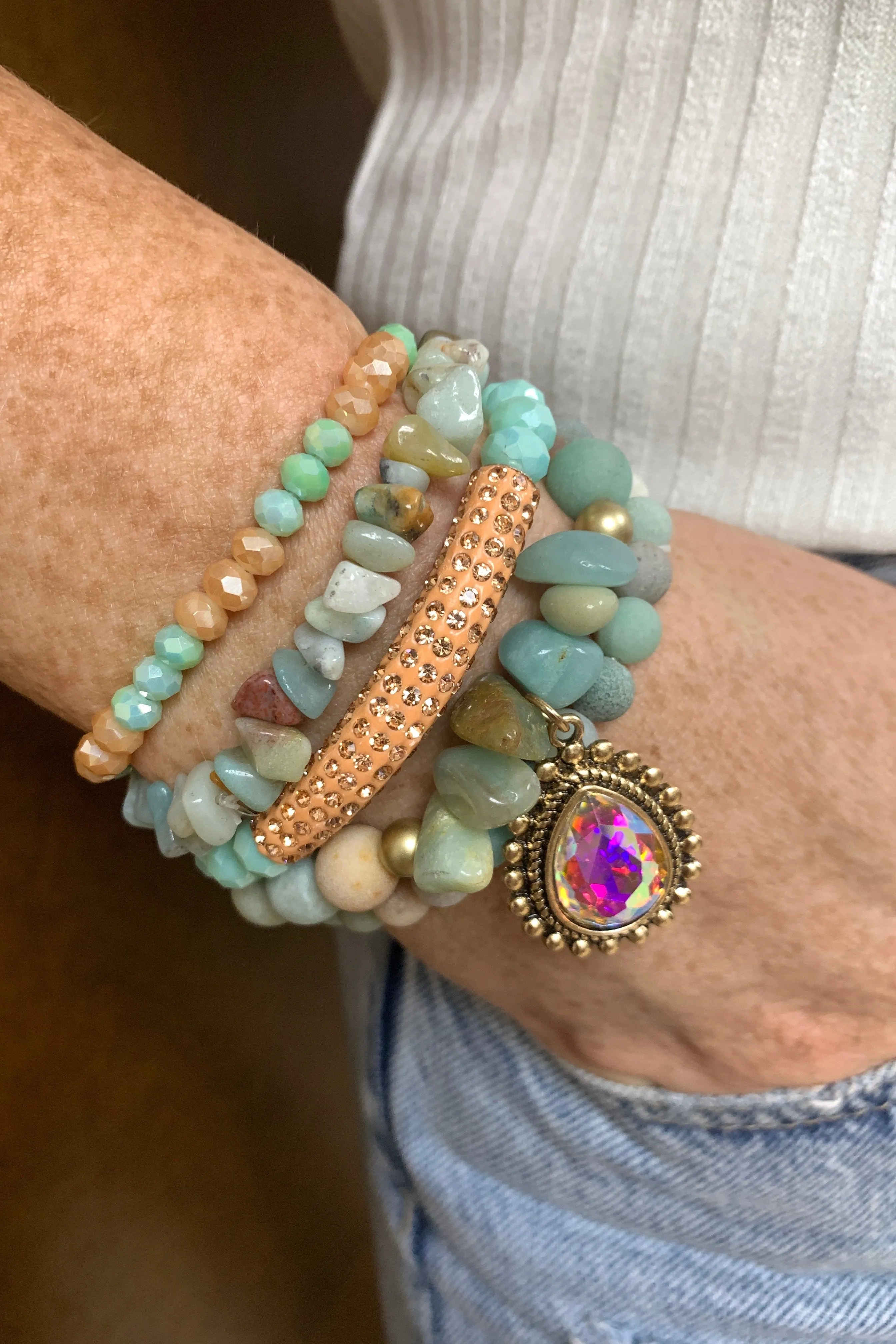 Emma Stretch Bracelet Set In Sea Green Stone With Large AB Crystal Drop
