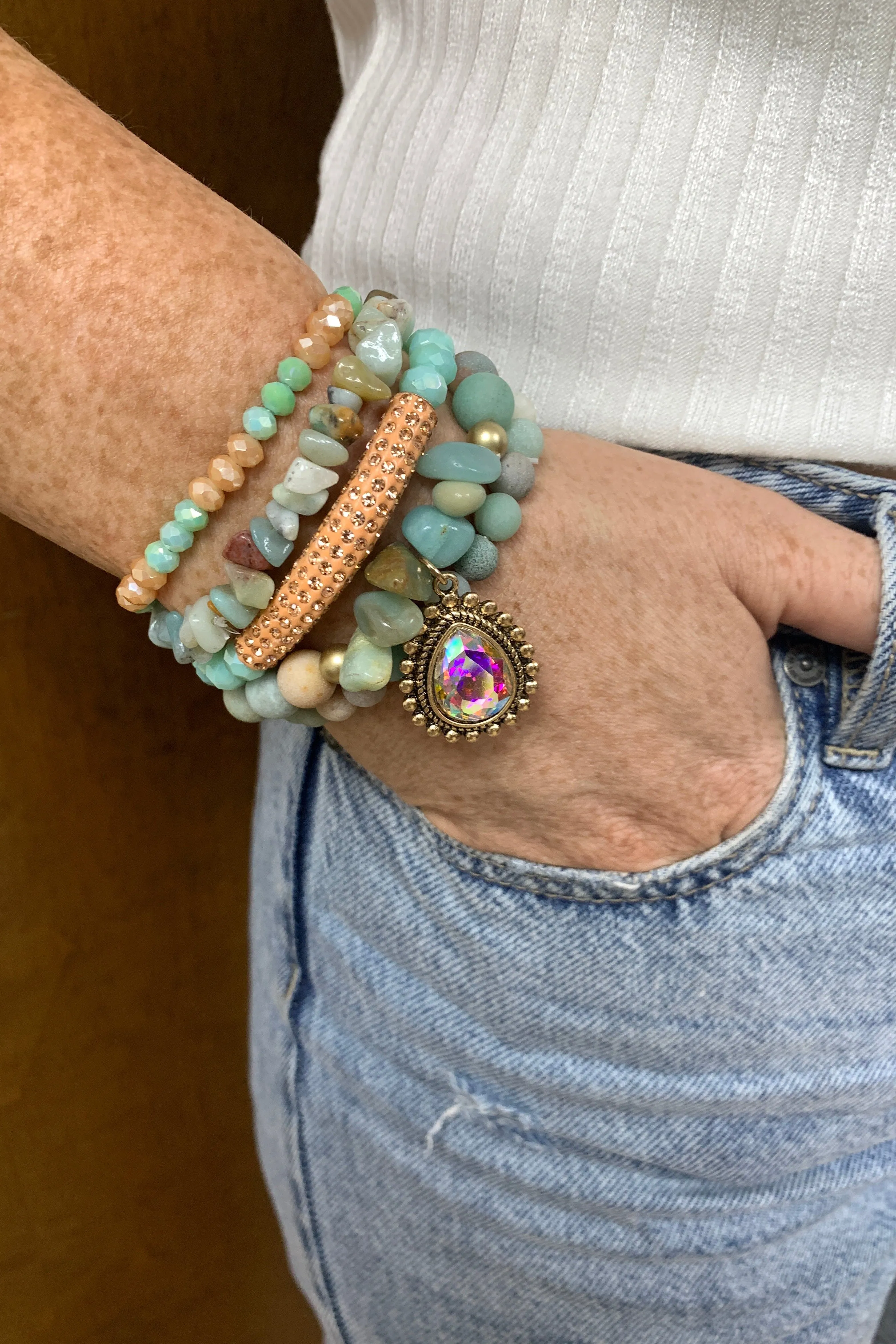 Emma Stretch Bracelet Set In Sea Green Stone With Large AB Crystal Drop