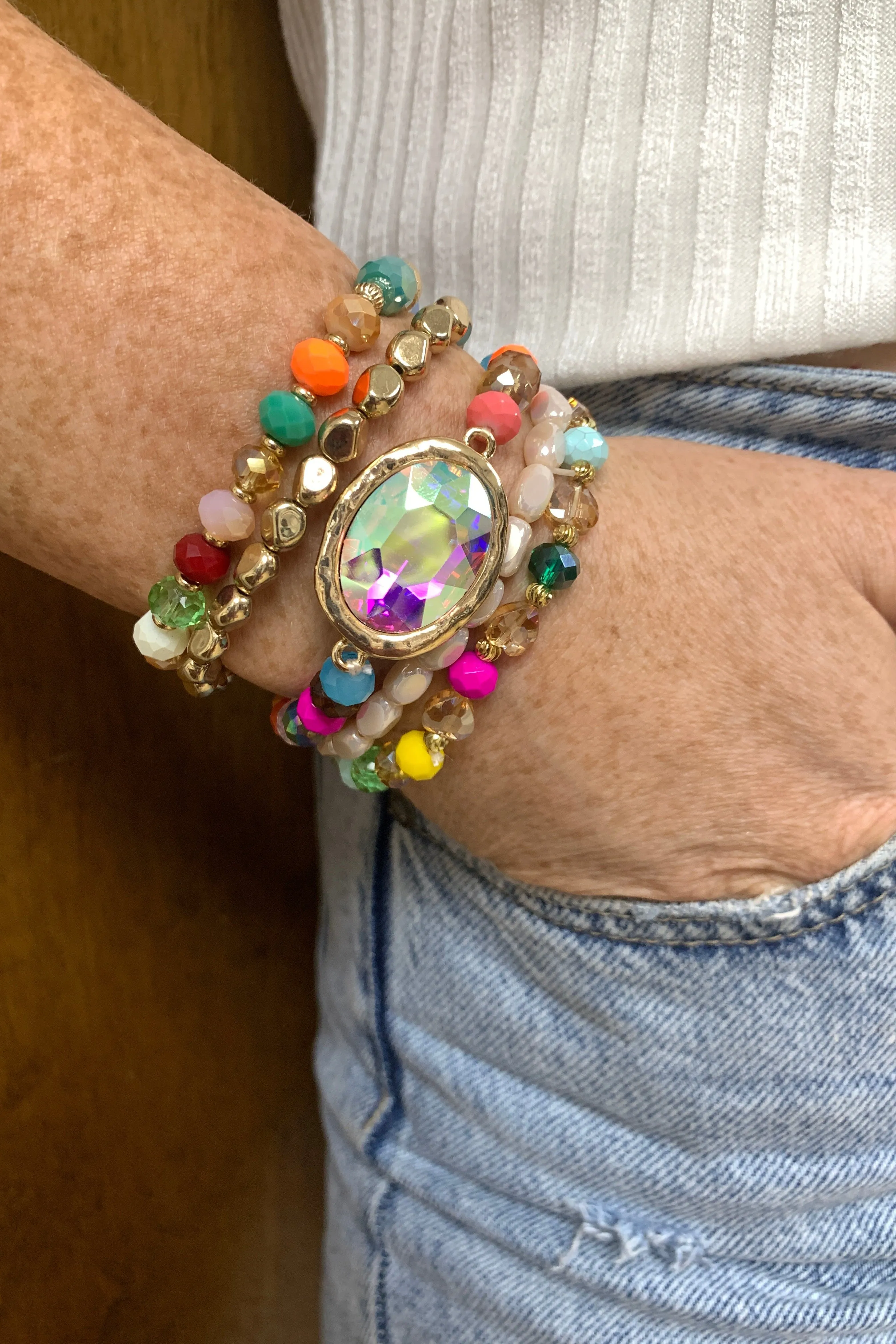 Emma Stretch Bracelet Set With Bright Colors And Large AB Crystal Charm