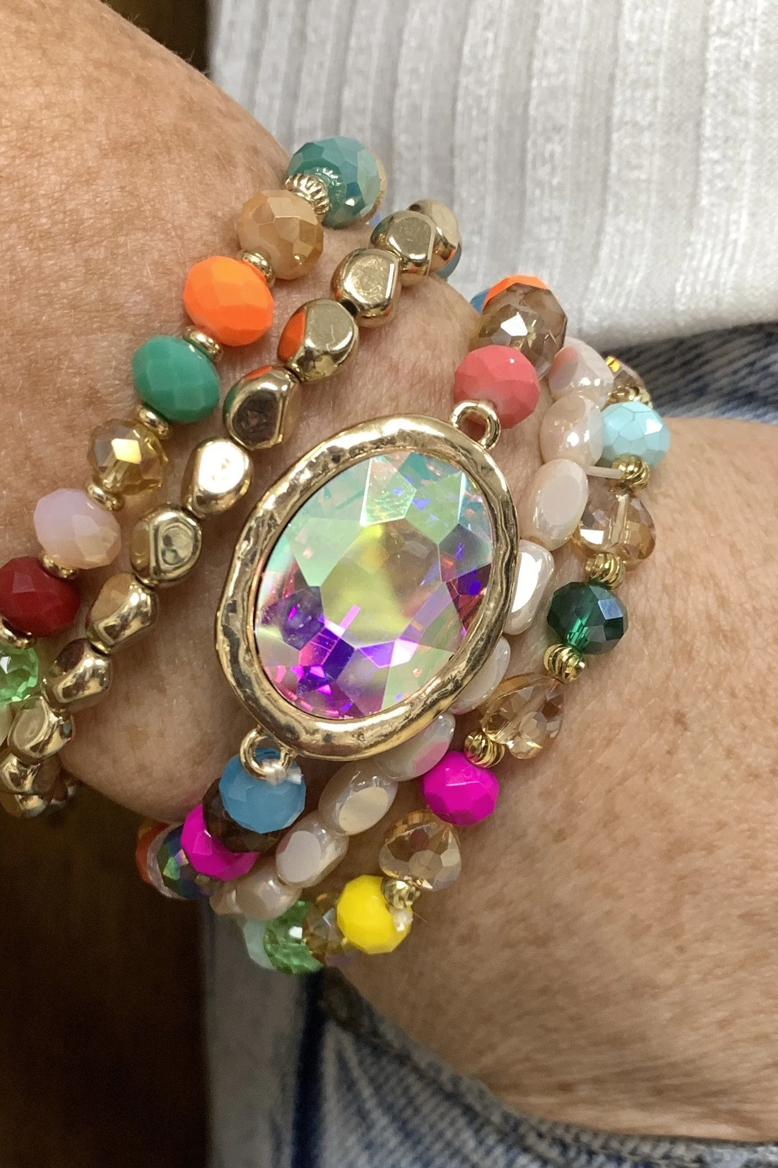 Emma Stretch Bracelet Set With Bright Colors And Large AB Crystal Charm