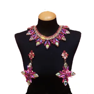 Exquisite Fuchsia color Rhinestones Necklace Earring Set
