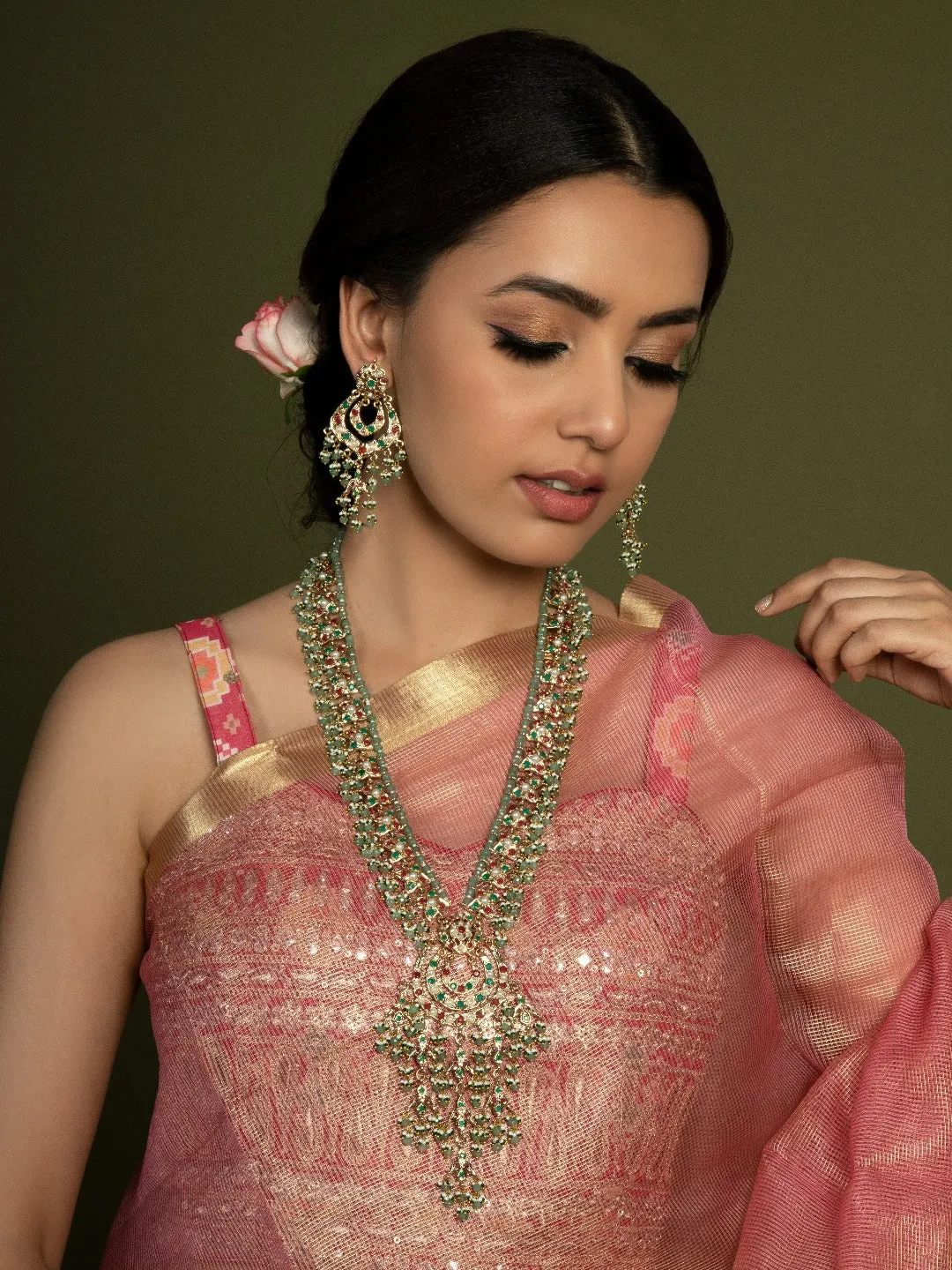 Exquisite Multicolour Jadau Rani Haar ( Necklace & Earrings)