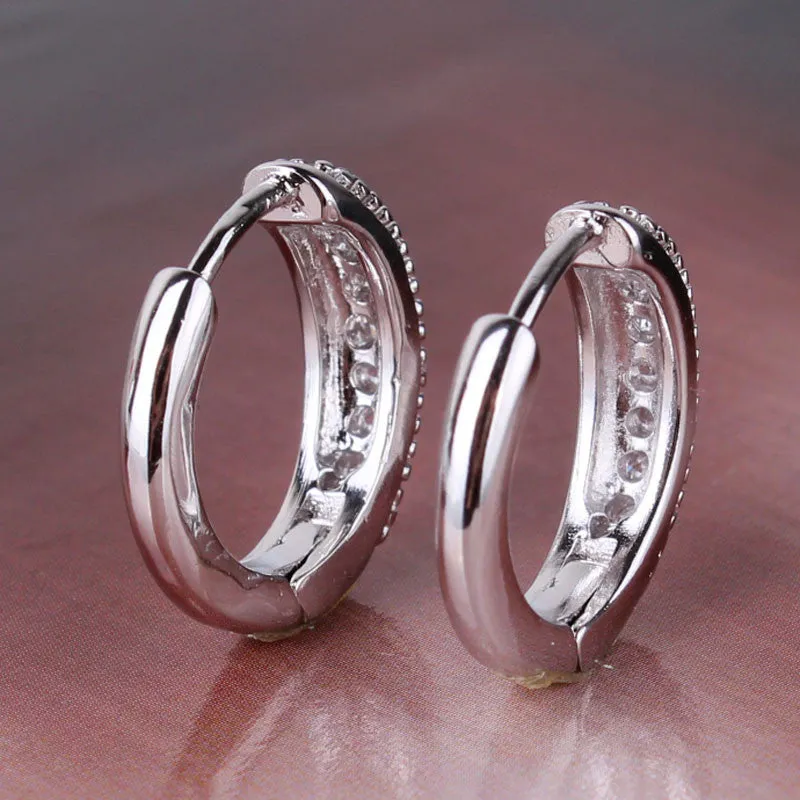 Fashion Earrings18k White Gold Plated Hoop Earring White Topaz Fashion Round Earrings Top Quality Ladies Small Earrings