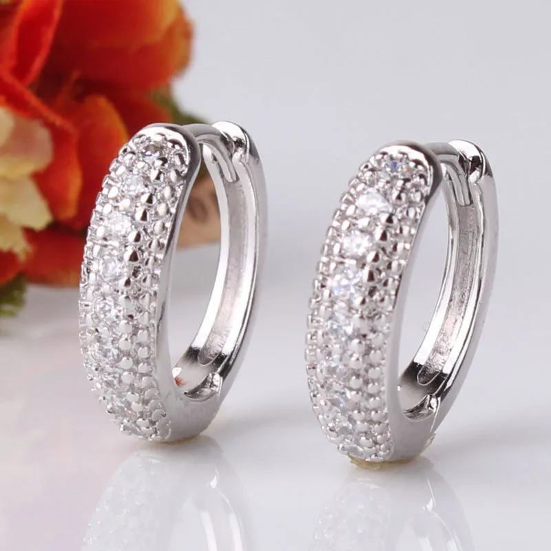 Fashion Earrings18k White Gold Plated Hoop Earring White Topaz Fashion Round Earrings Top Quality Ladies Small Earrings