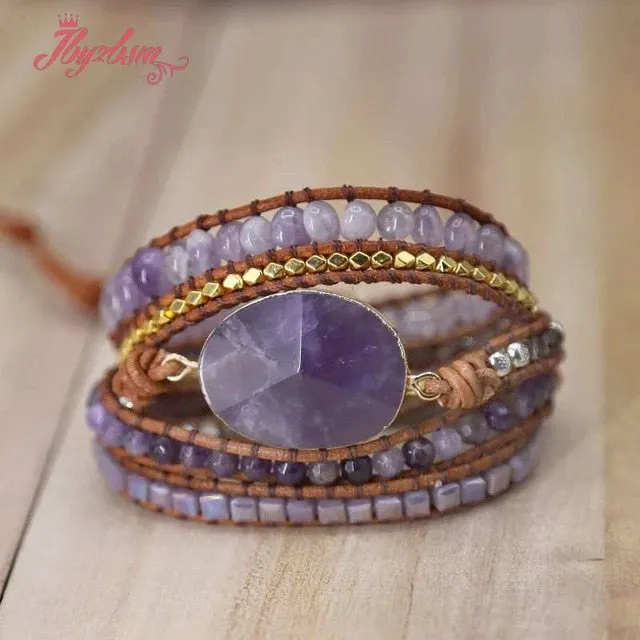 Five Strands Leather & Semi-precious Stones Charm Bracelets