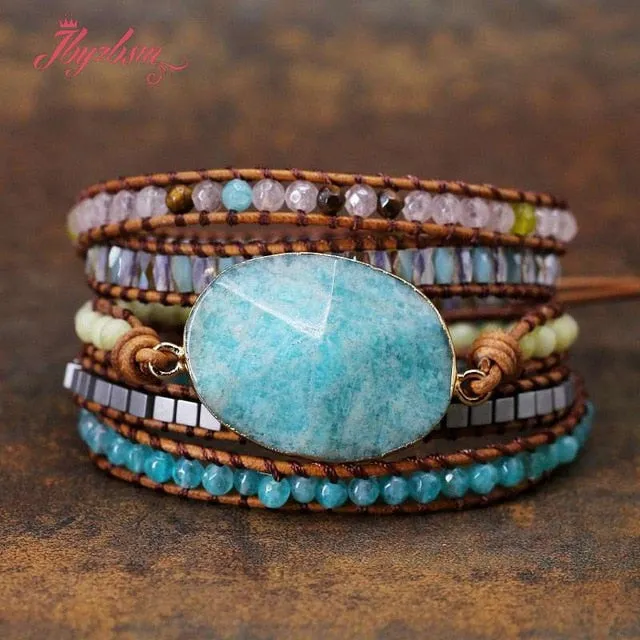 Five Strands Leather & Semi-precious Stones Charm Bracelets