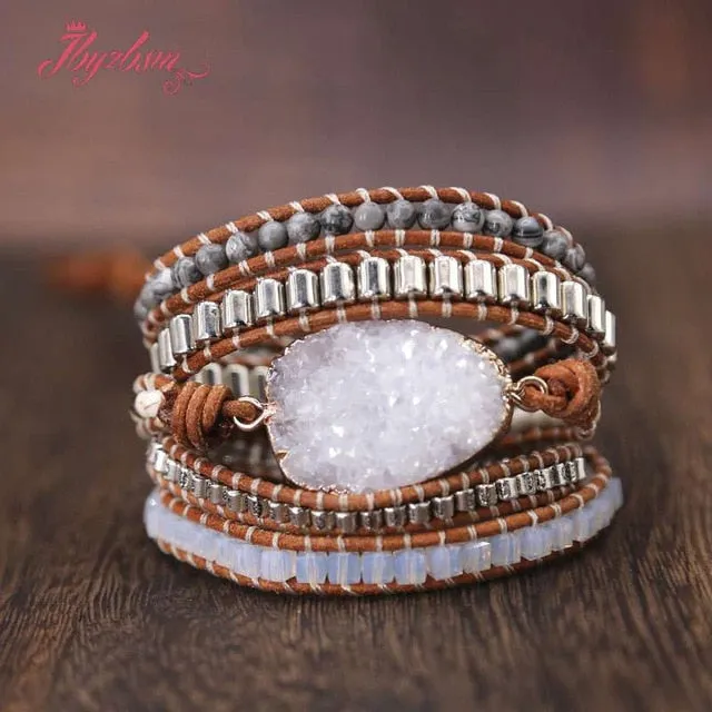 Five Strands Leather & Semi-precious Stones Charm Bracelets