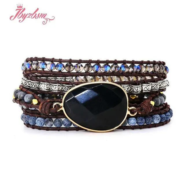 Five Strands Leather & Semi-precious Stones Charm Bracelets