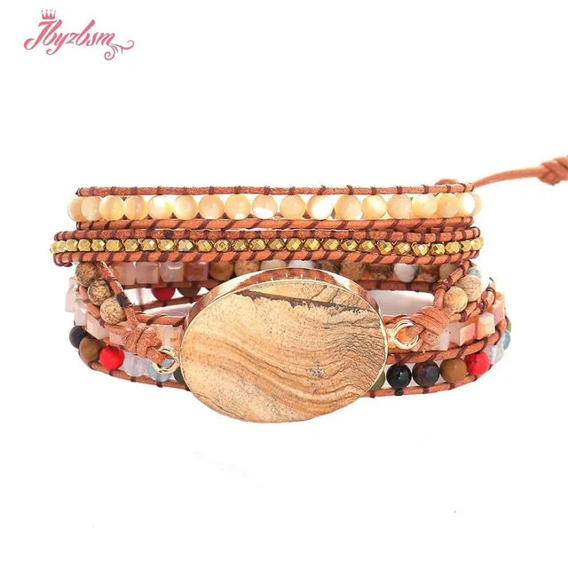 Five Strands Leather & Semi-precious Stones Charm Bracelets