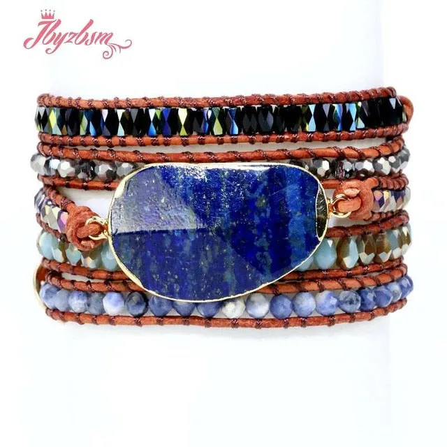 Five Strands Leather & Semi-precious Stones Charm Bracelets