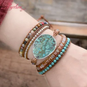 Five Strands Leather & Semi-precious Stones Charm Bracelets