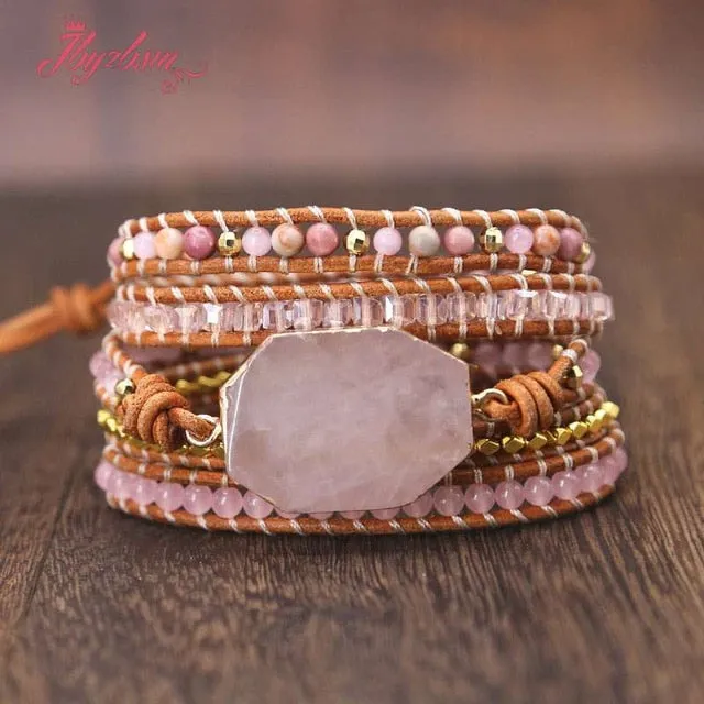 Five Strands Leather & Semi-precious Stones Charm Bracelets