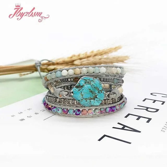 Five Strands Leather & Semi-precious Stones Charm Bracelets