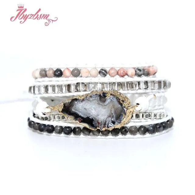 Five Strands Leather & Semi-precious Stones Charm Bracelets