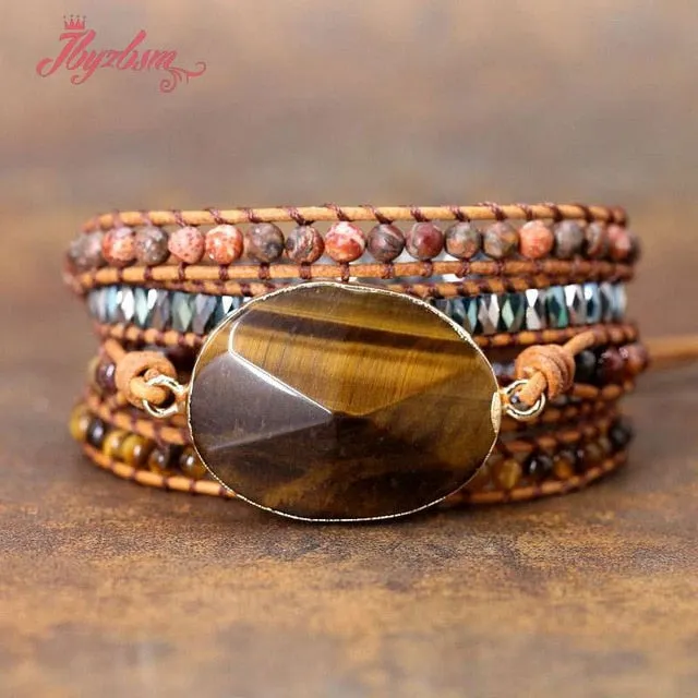Five Strands Leather & Semi-precious Stones Charm Bracelets
