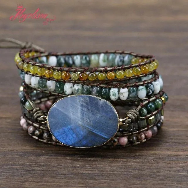 Five Strands Leather & Semi-precious Stones Charm Bracelets